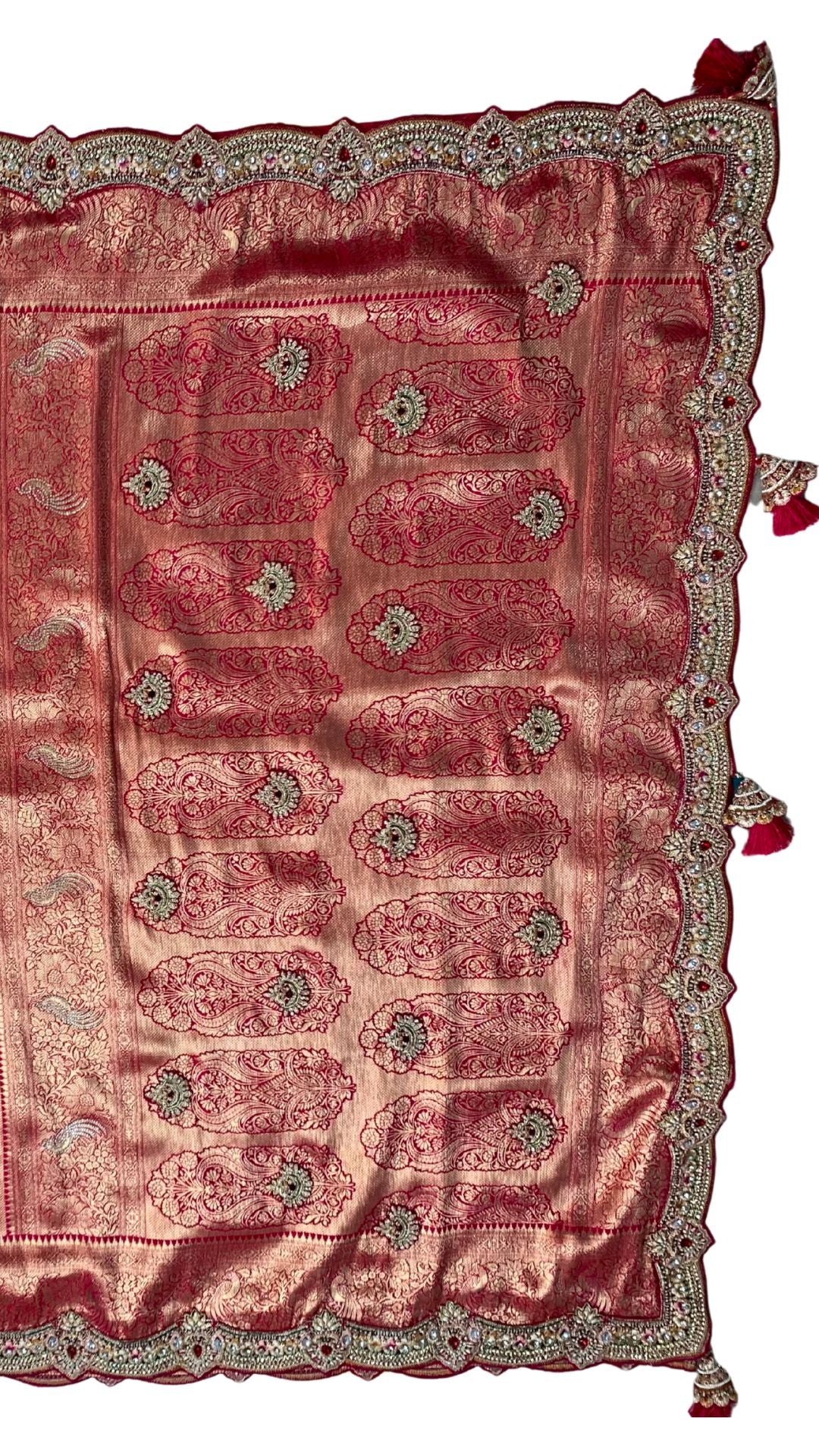 Rani Banarasi Silk Unstitched Saree with Dupatta Embellished with Thread & Stone Work